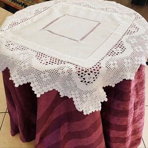 Vintage handmade cut-work and crochet white tablecloth, Fine quality cotton.